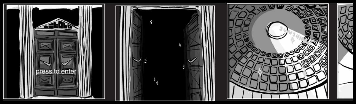 Four panels from the storyboard: wooden door with “press to enter”, open door into the dark, dome with a beam of light, basketball hoop