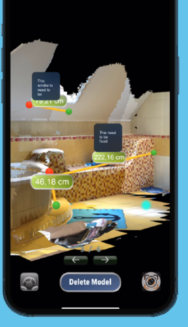 Screenshot of the app Scan Your World: scanned bathroom as a 3D model with notes and measurements, 46.18 cm, 222.16 cm